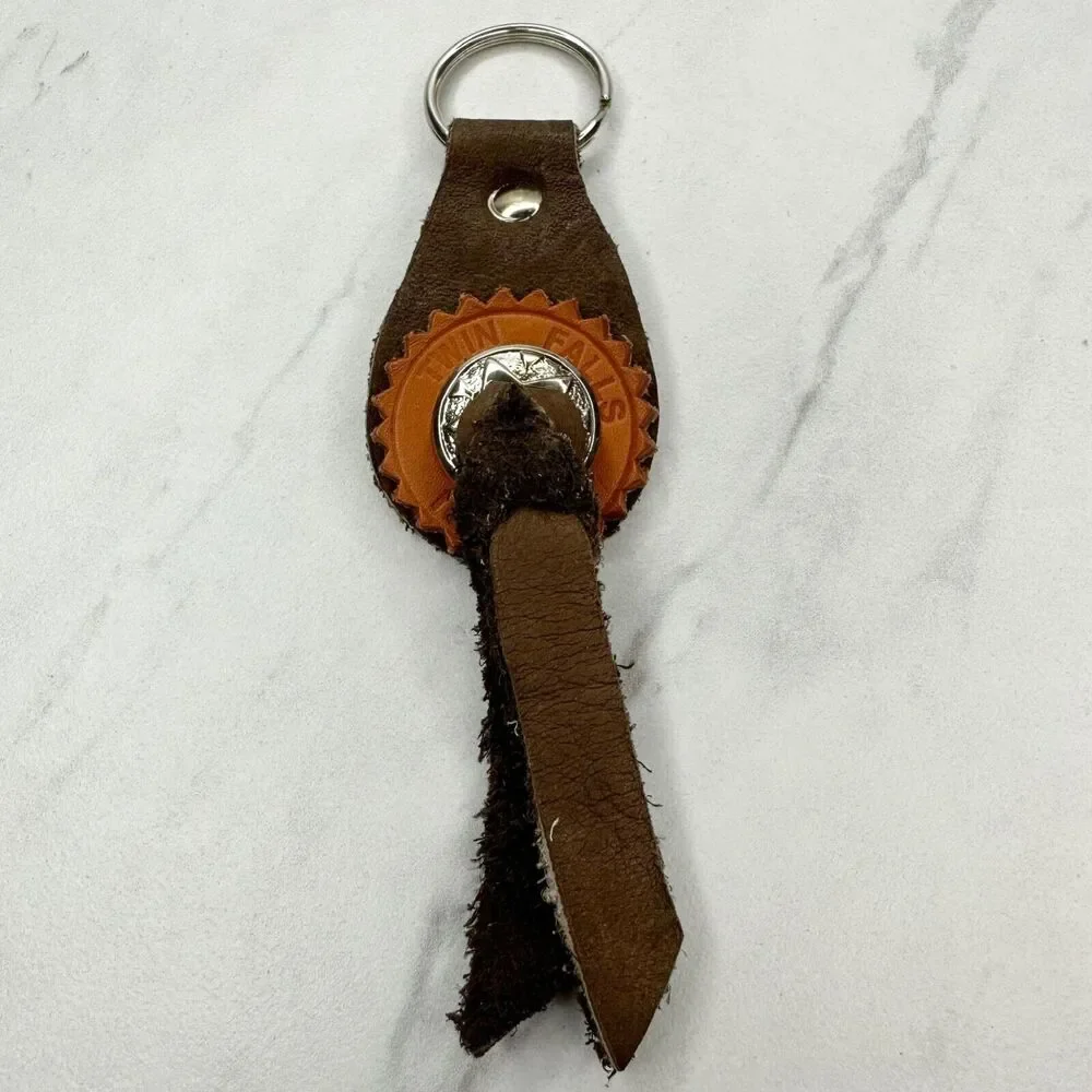 Soft Brown Leather Fringe Western Concho Twin Falls Idaho Boho Keychain Keyring